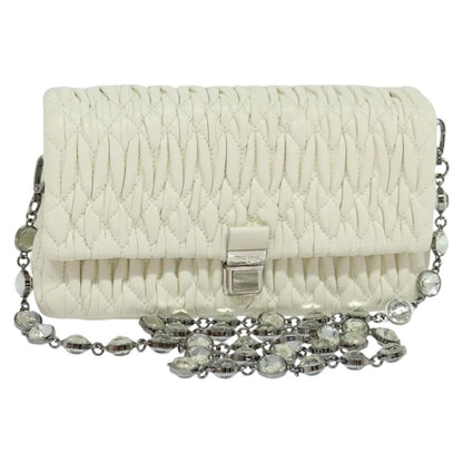 Miu Miu Crystal 2way Pouch Matelasse Leather, WHITE, LEATHER, Shoulder bag