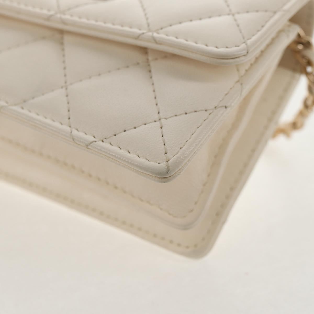 Chanel Camellia Bow Flap Card Holder with Chain Quilted Lambskin, WHITE, LEATHER, Shoulder bag