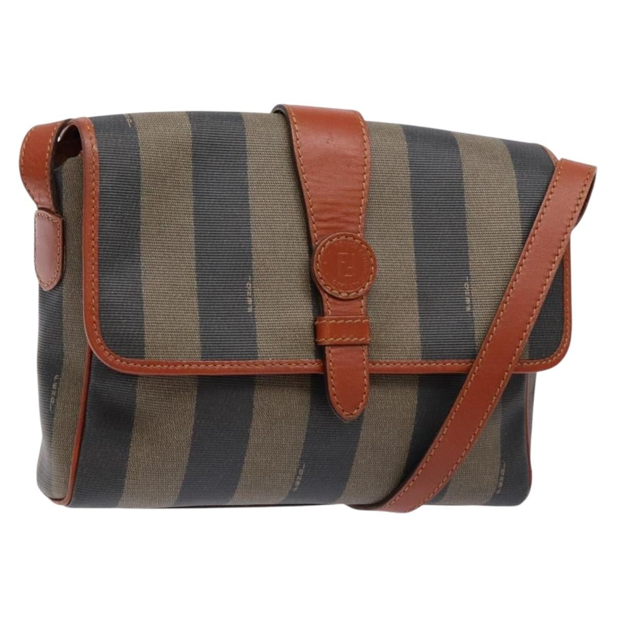 Fendi Vintage Pequin Flap Messenger Bag Coated Canvas, BROWN, CANVAS, Shoulder bag