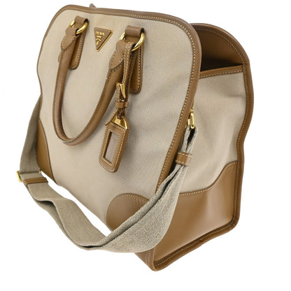 Prada Convertible Tote Canvas and Saffiano Leather, Beige, Canvas, Tote Bag