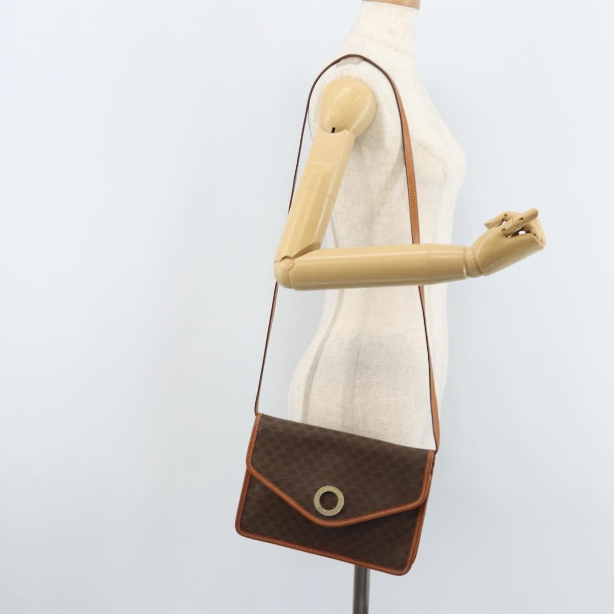 Celine Vintage Macadam Circle Logo Shoulder Bag Canvas and Leather, Brown, Canvas, Shoulder Bag
