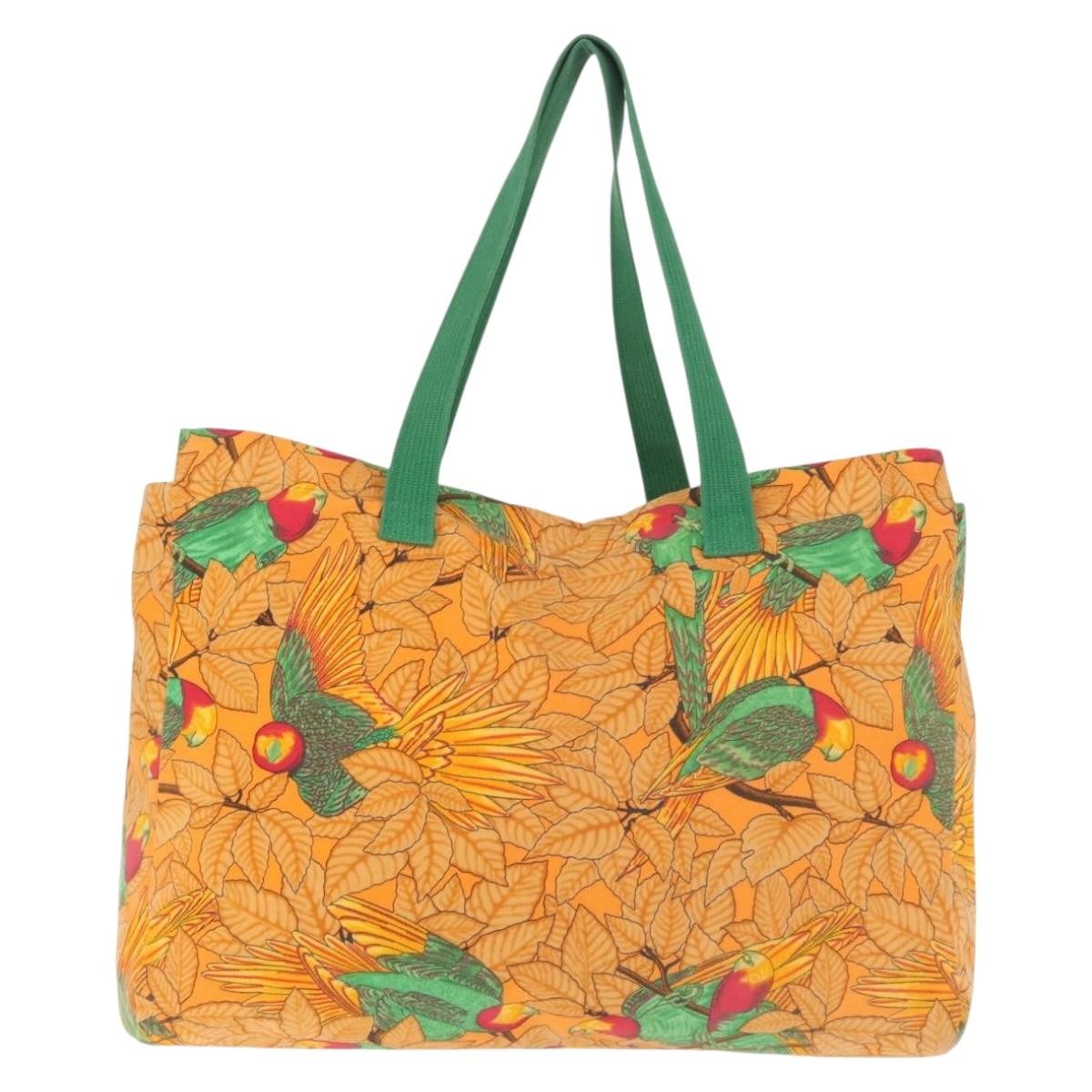 Hermes Beach Tote Printed Toile, ORANGE, CANVAS, Tote bag