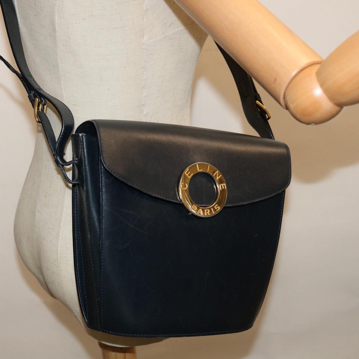 Celine Vintage Circle Logo Crossbody Bag Leather, NAVY, LEATHER, Crossbody bag