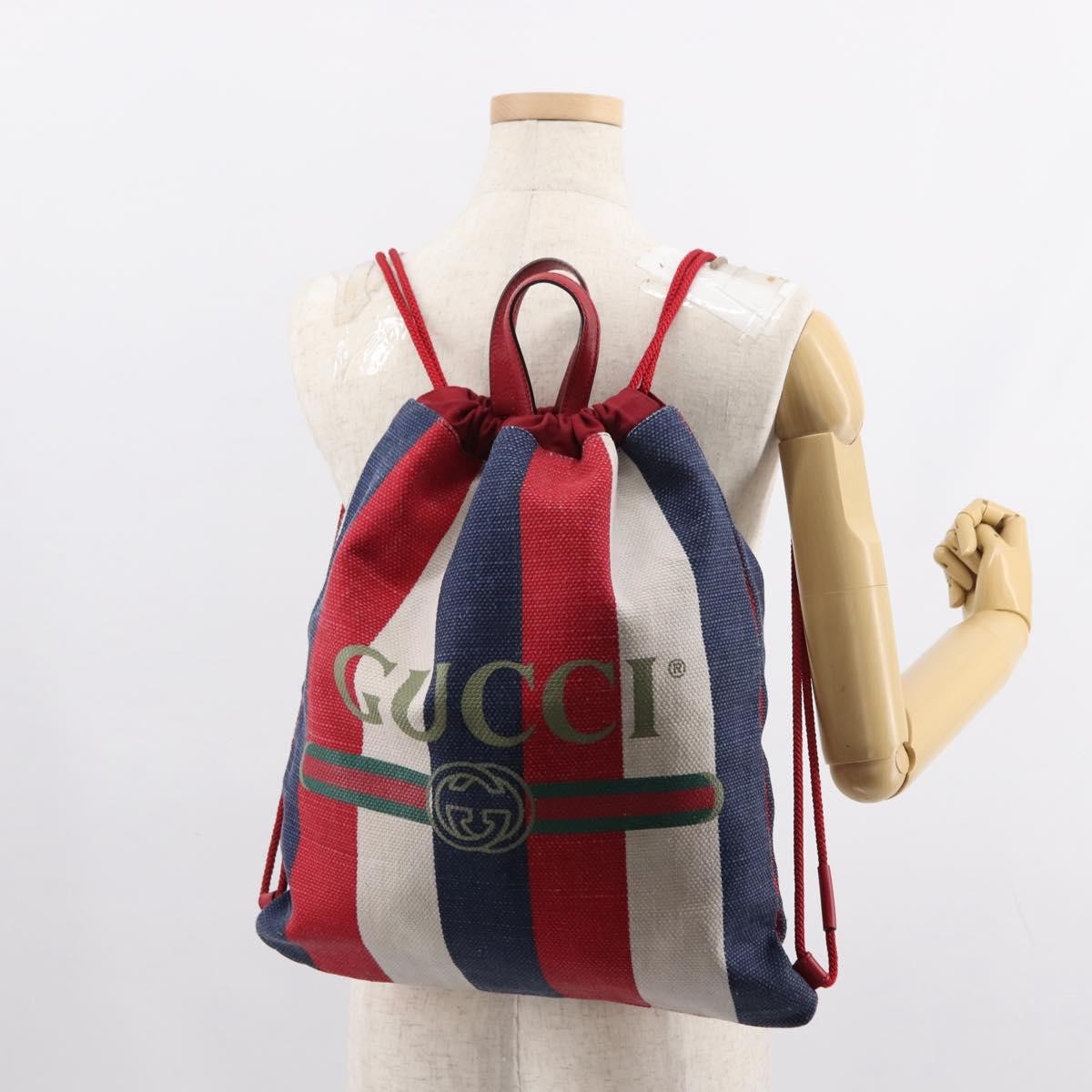 Gucci Logo Drawstring Backpack Striped Canvas, BLUE, CANVAS, Backpack