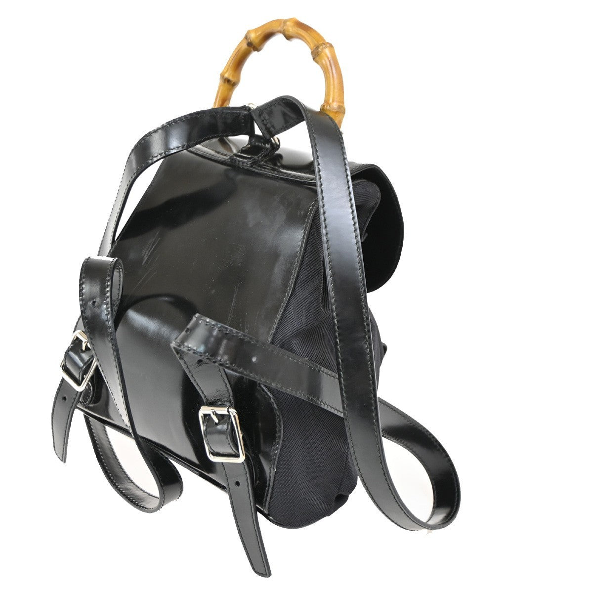 Gucci Vintage Bamboo Backpack Nylon and Patent Leather, BLACK, NYLON, Backpack