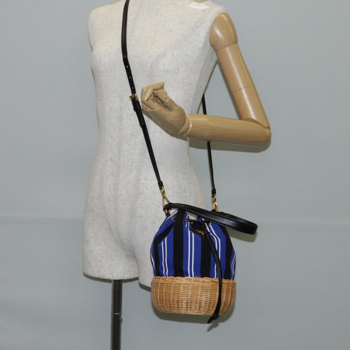 Prada Drawstring Bucket Bag Canvas and Wicker, BLUE, CANVAS, Handbag