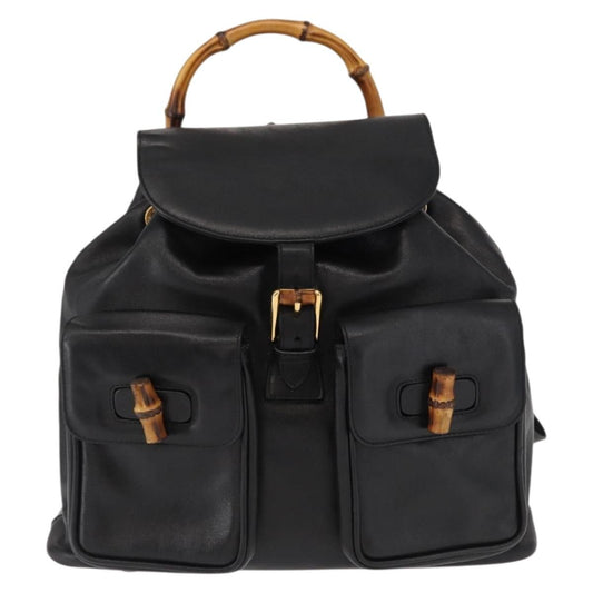Gucci Vintage Bamboo Backpack Leather, BLACK, LEATHER, Backpack