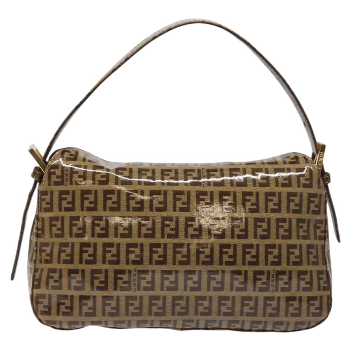 Fendi Vintage FF Buckle Curved Hobo Zucchino Coated Canvas, BROWN, PATENT_LEATHER, Handbag