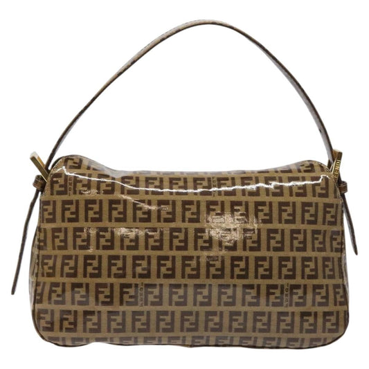 Fendi Vintage FF Buckle Curved Hobo Zucchino Coated Canvas, BROWN, PATENT_LEATHER, Handbag