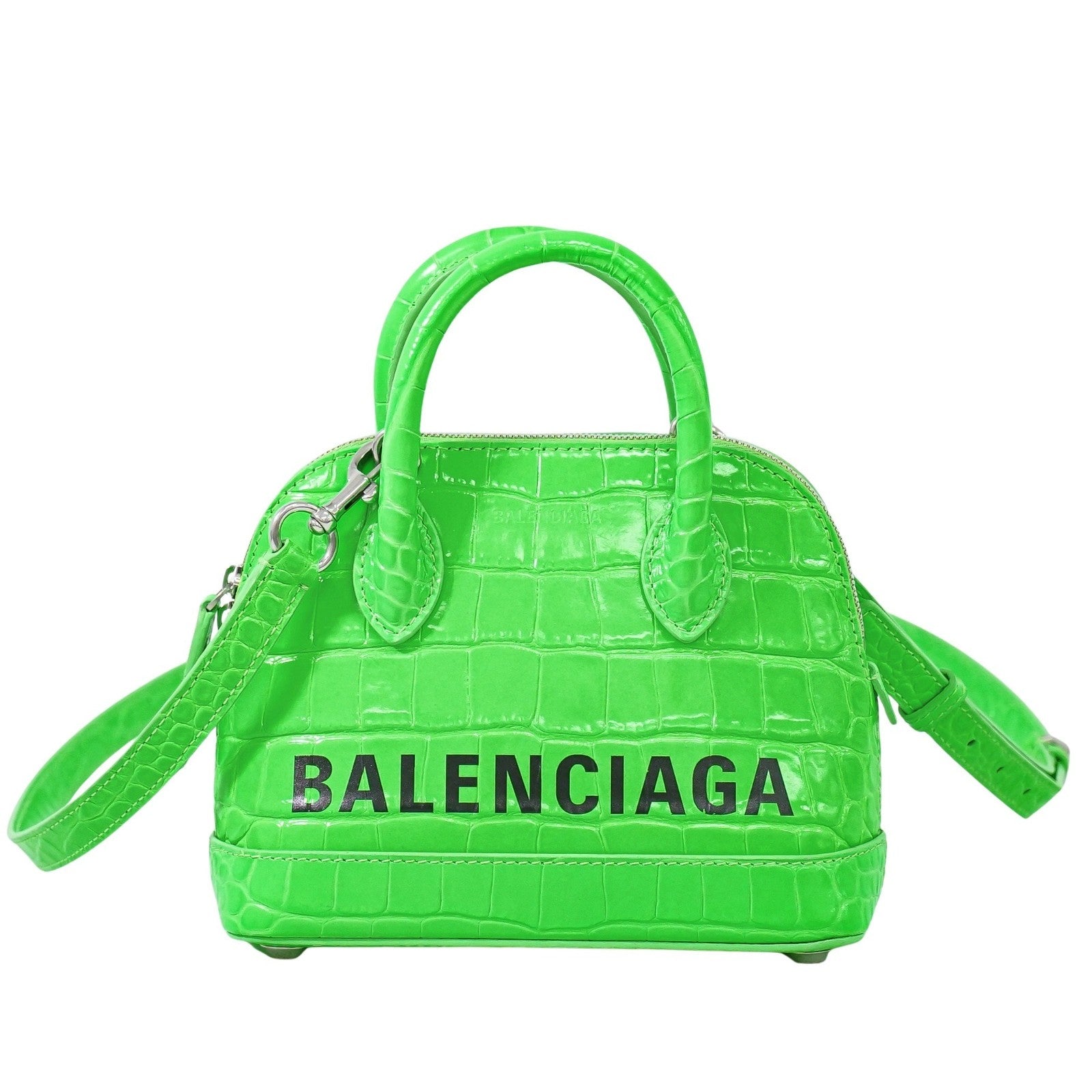 Balenciaga Logo Ville Bag Crocodile Embossed Leather, GREEN, LEATHER, Handbag