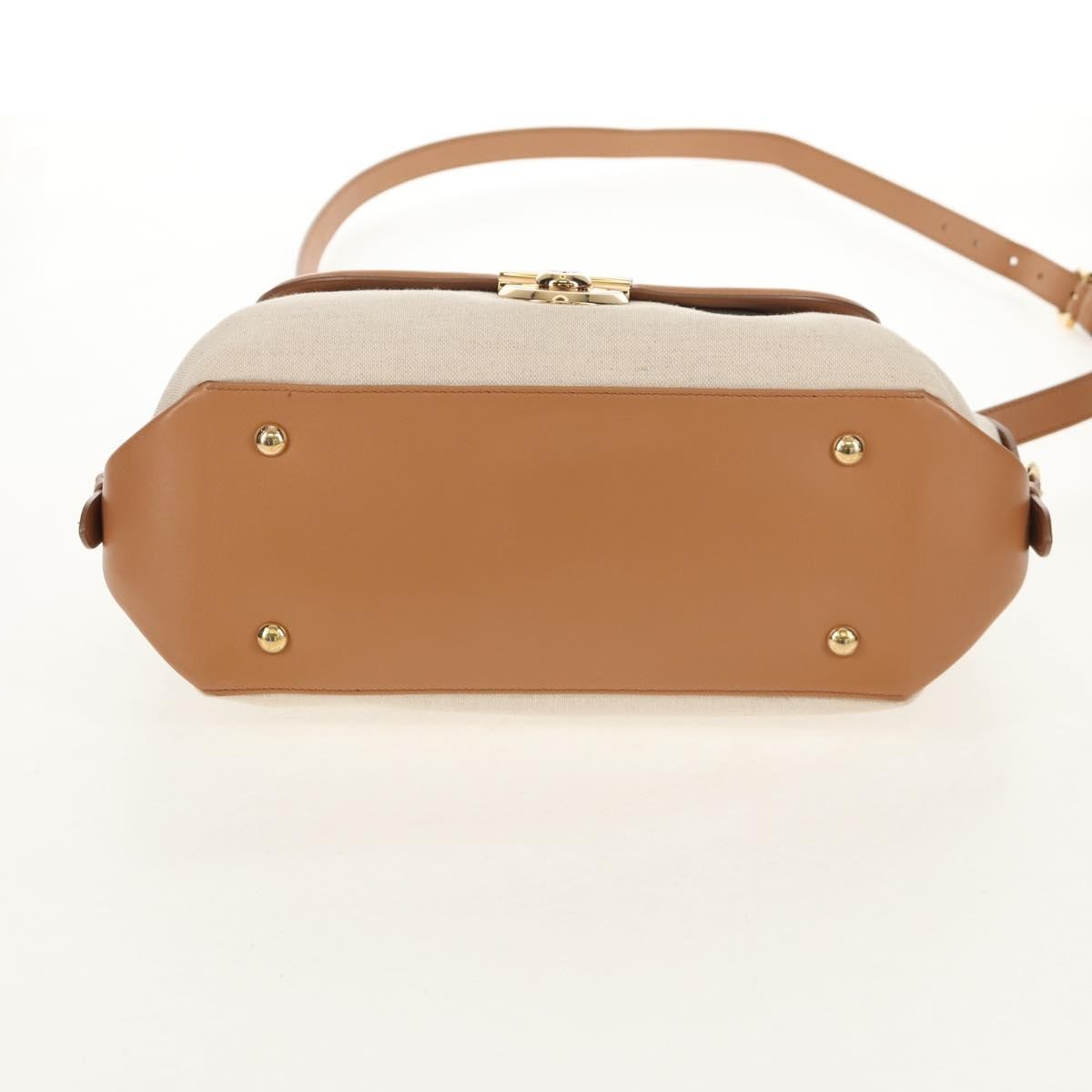 Salvatore Ferragamo Vintage Fiamma Satchel Canvas and Leather, BEIGE, CANVAS, Handbag