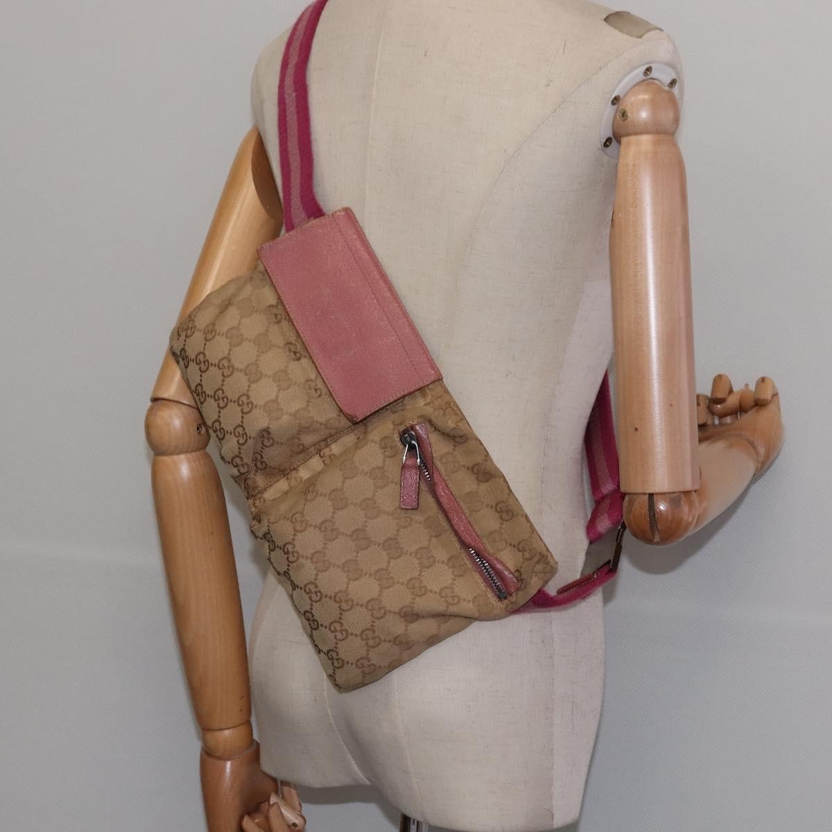Gucci Vintage Double Belt Bag GG Canvas with Leather, Beige, Canvas, Crossbody Bag
