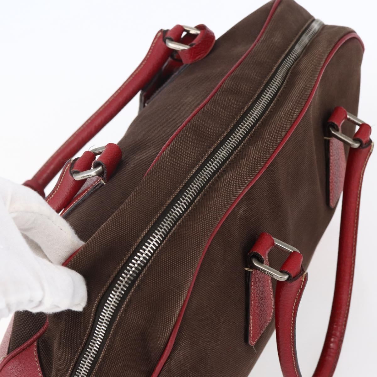 Prada Bowler Bag Canvas with Leather, BROWN, CANVAS, Handbag