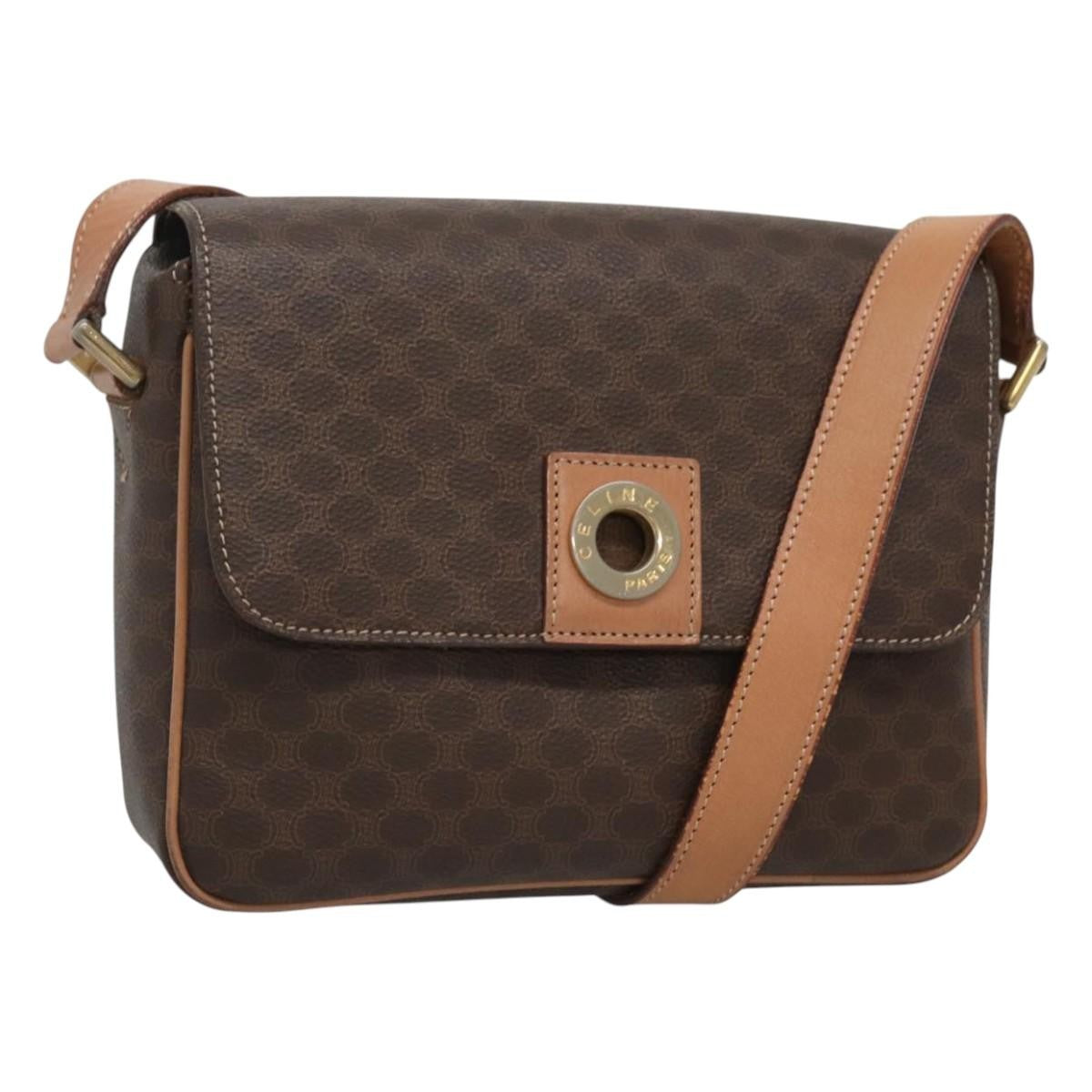 Celine Vintage Macadam Circle Logo Shoulder Bag Canvas and Leather, Brown, Canvas, Shoulder Bag
