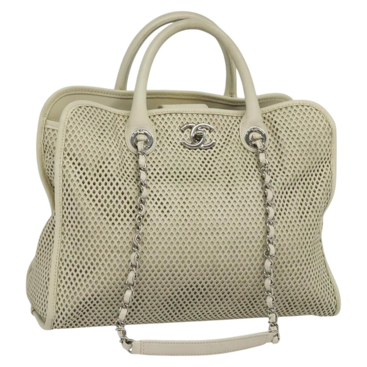 Chanel Deauville Tote Perforated leather, WHITE, LEATHER, Tote bag