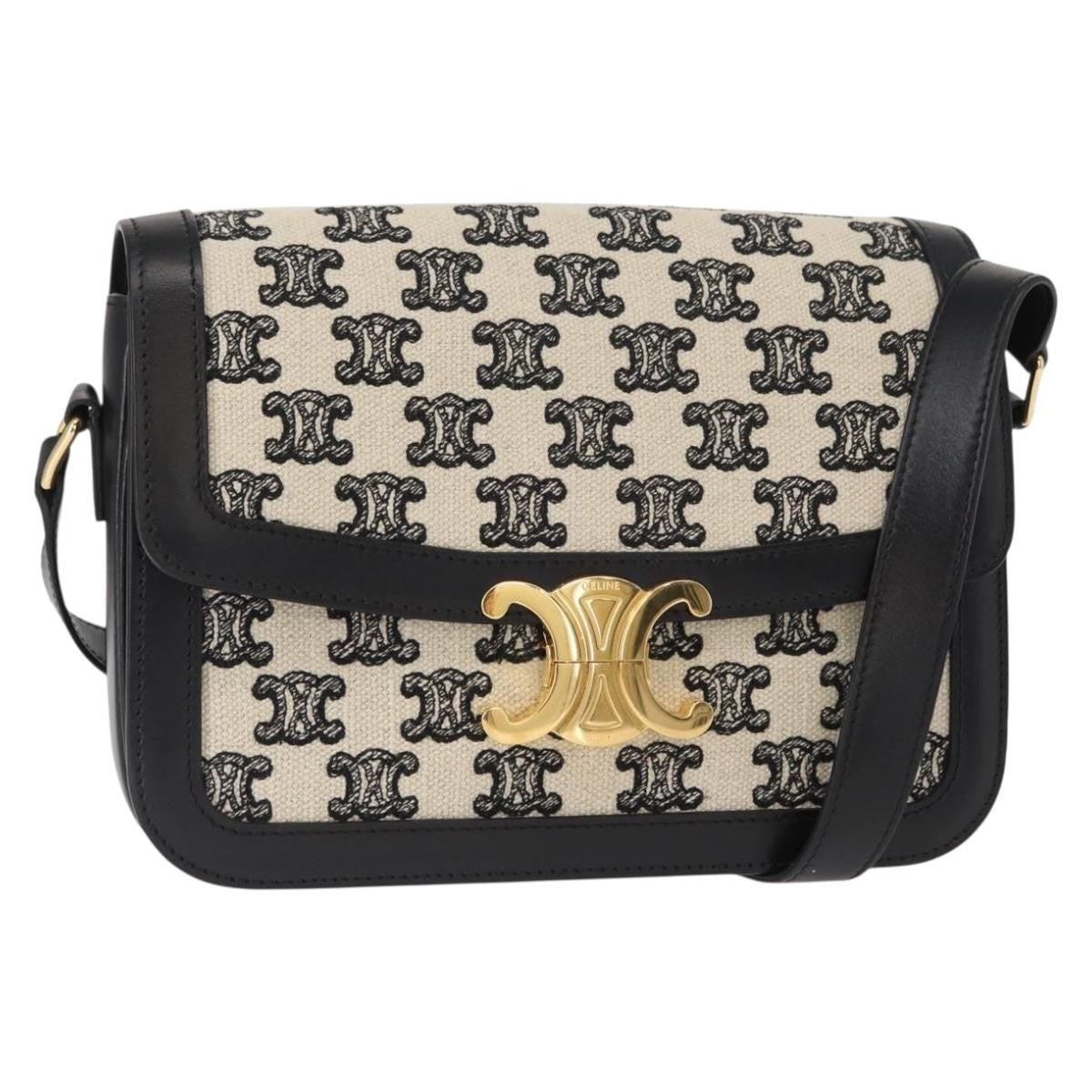 Celine Triomphe Shoulder Bag Canvas with Leather, BLACK, LEATHER, Shoulder bag