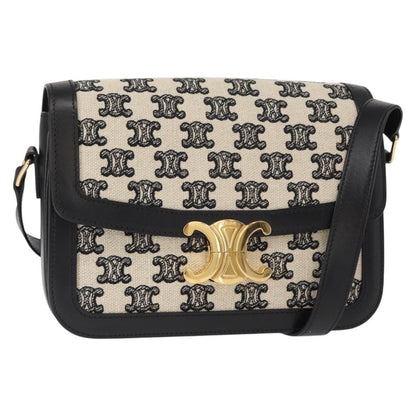 Celine Triomphe Shoulder Bag Canvas with Leather, BLACK, LEATHER, Shoulder bag