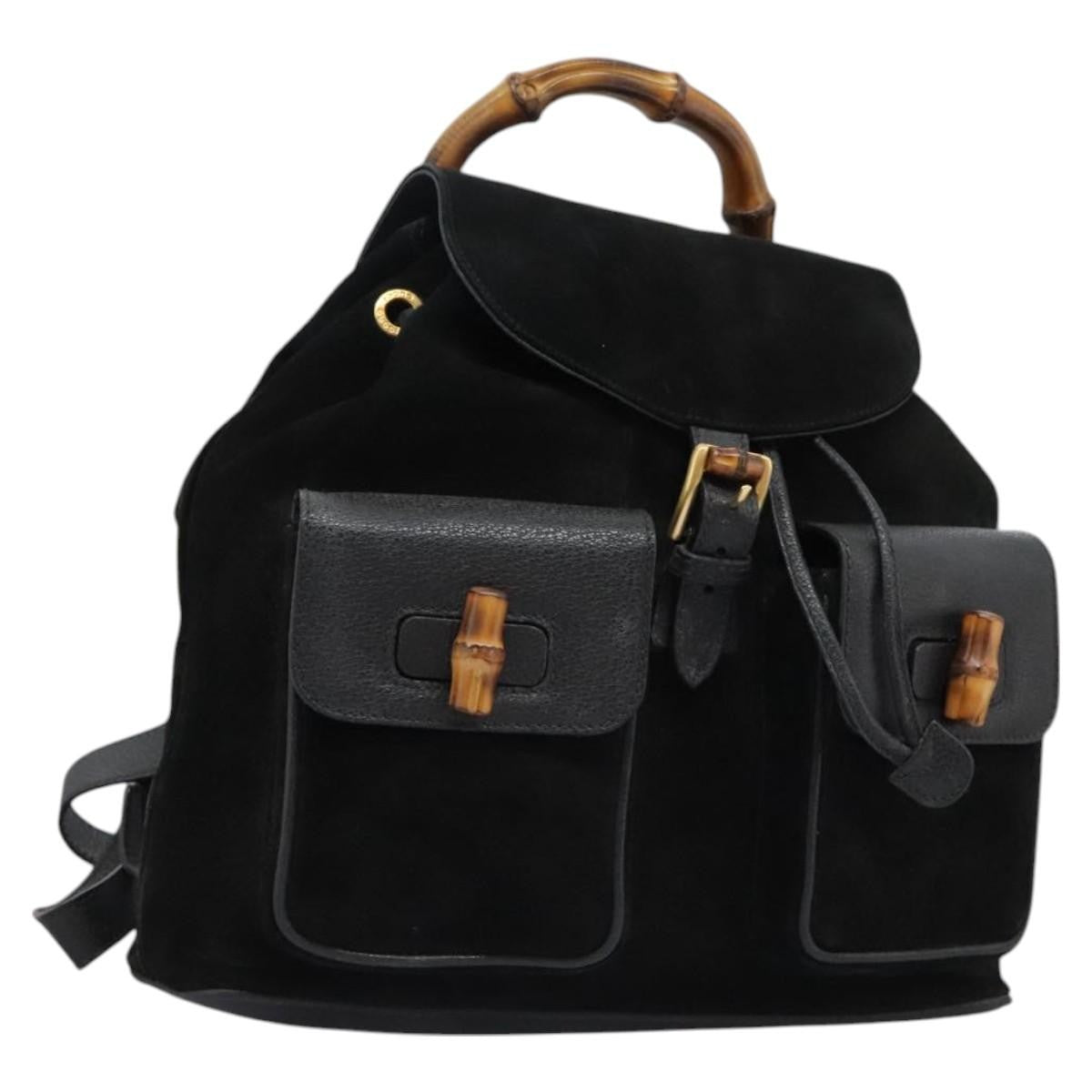 Gucci Vintage Bamboo Backpack Suede and Leather, Black, Suede, Backpack