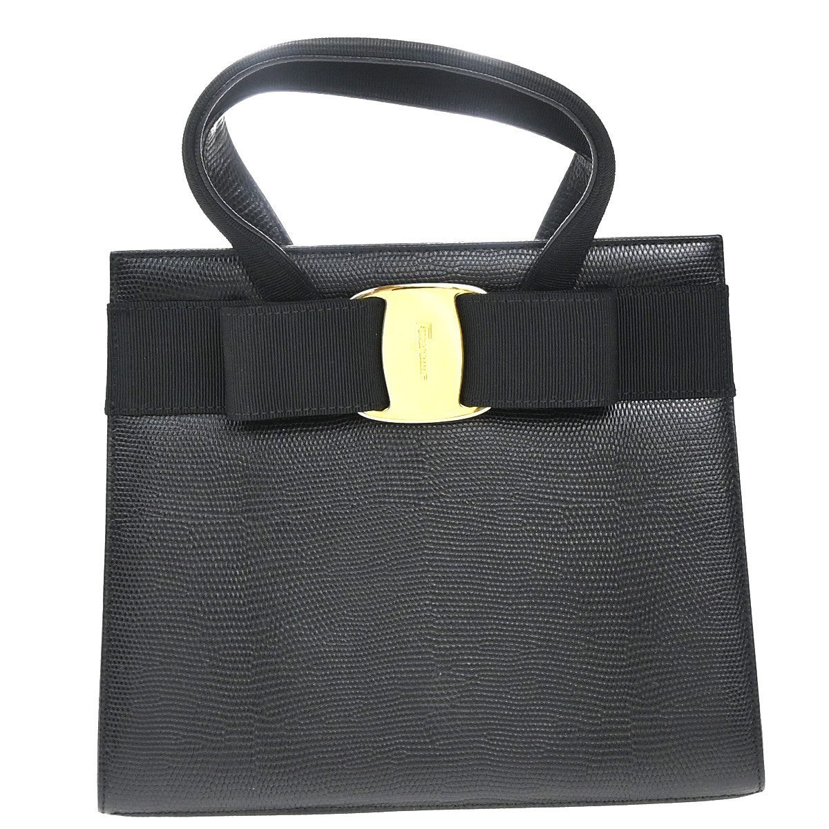 Salvatore Ferragamo Convertible Vara Bow Tote Lizard Embossed Leather, Black, Leather, Handbag