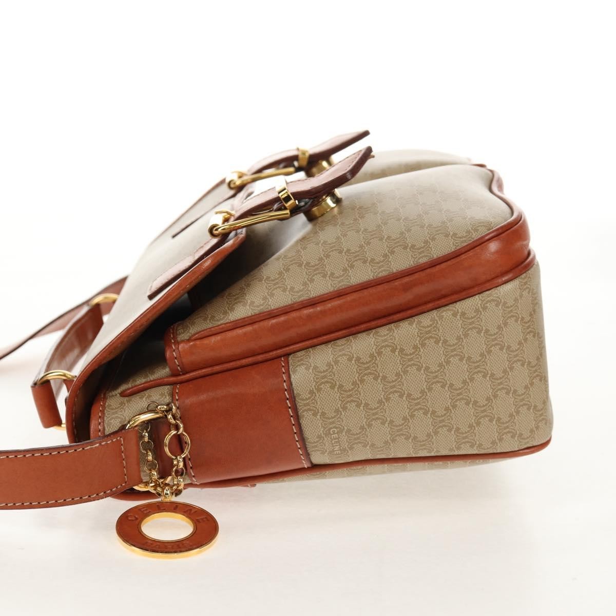 Celine Vintage Macadam Handbag Canvas and Leather, BEIGE, CANVAS, Handbag