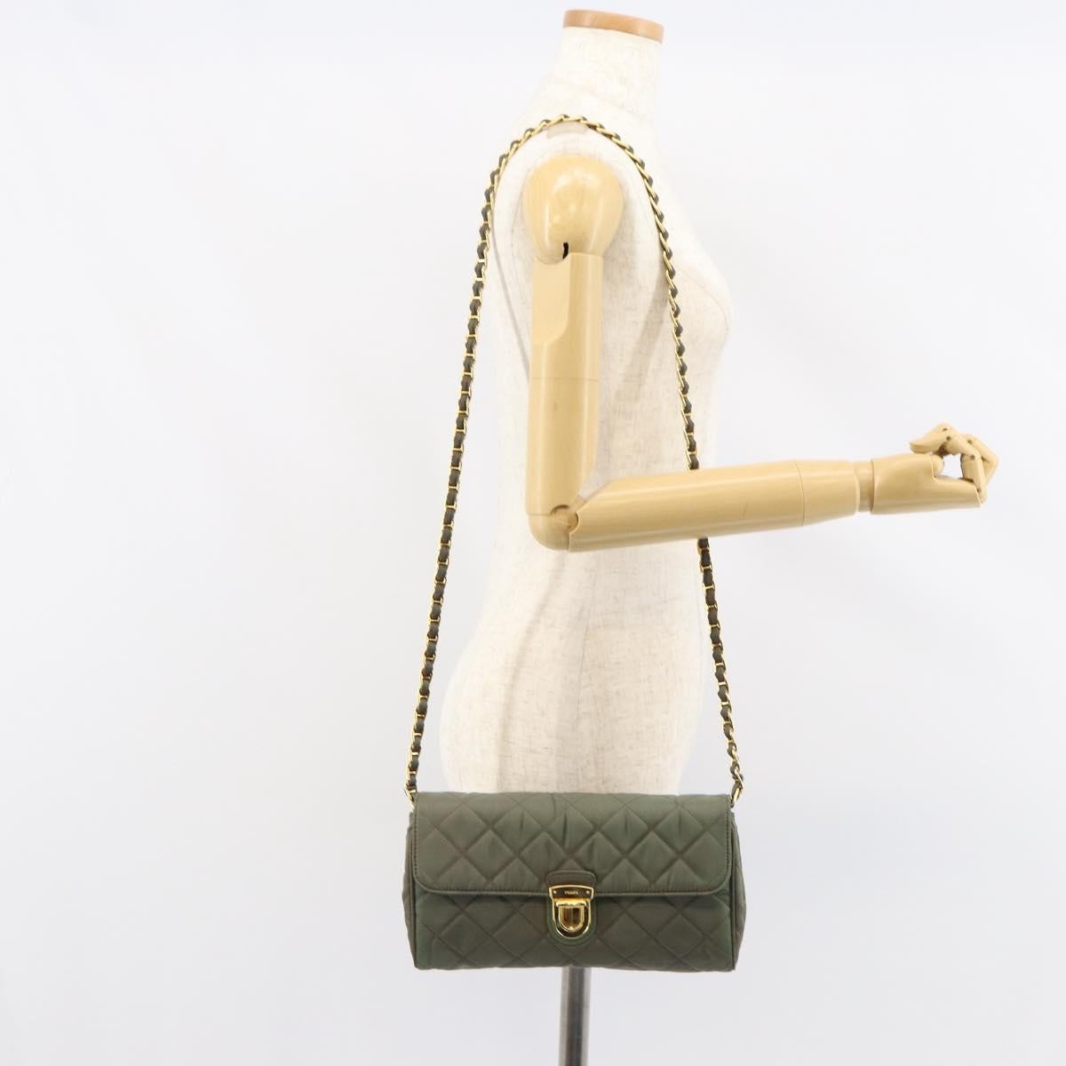 Prada Pushlock Chain Flap Bag Quilted Tessuto, KHAKI, NYLON, Shoulder bag