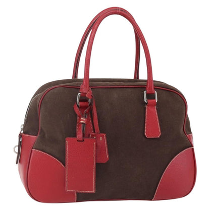 Prada Bowler Bag Canvas with Leather, BROWN, CANVAS, Handbag