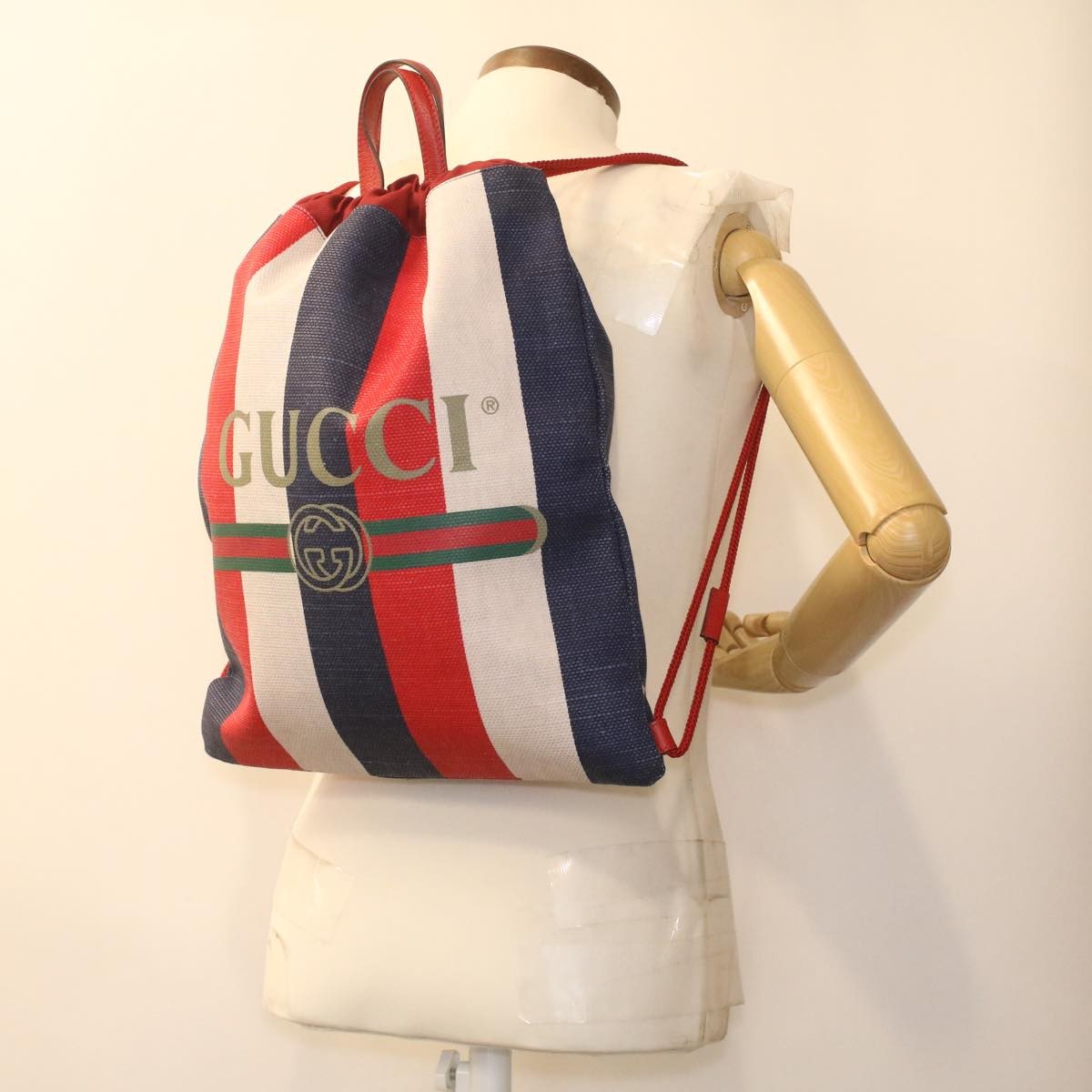 Gucci Logo Drawstring Backpack Striped Canvas, MULTICOLOUR, CANVAS, Backpack