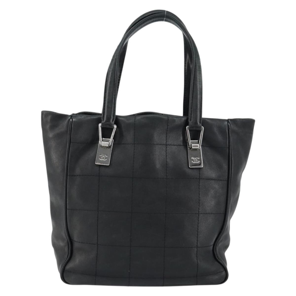 Chanel Square Stitch Tote Quilted Leather, BLACK, LEATHER, Tote bag