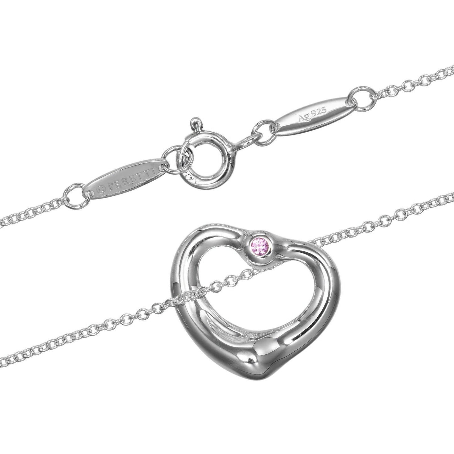 Tiffany & Co. Elsa Peretti Open Heart Pendant Necklace Sterling Silver with Pink Sapphire, SILVER, SILVER, Necklace