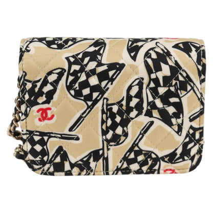 Chanel Flap Card Holder on Chain Quilted Printed Canvas, BEIGE, CANVAS, Clutche & pouche