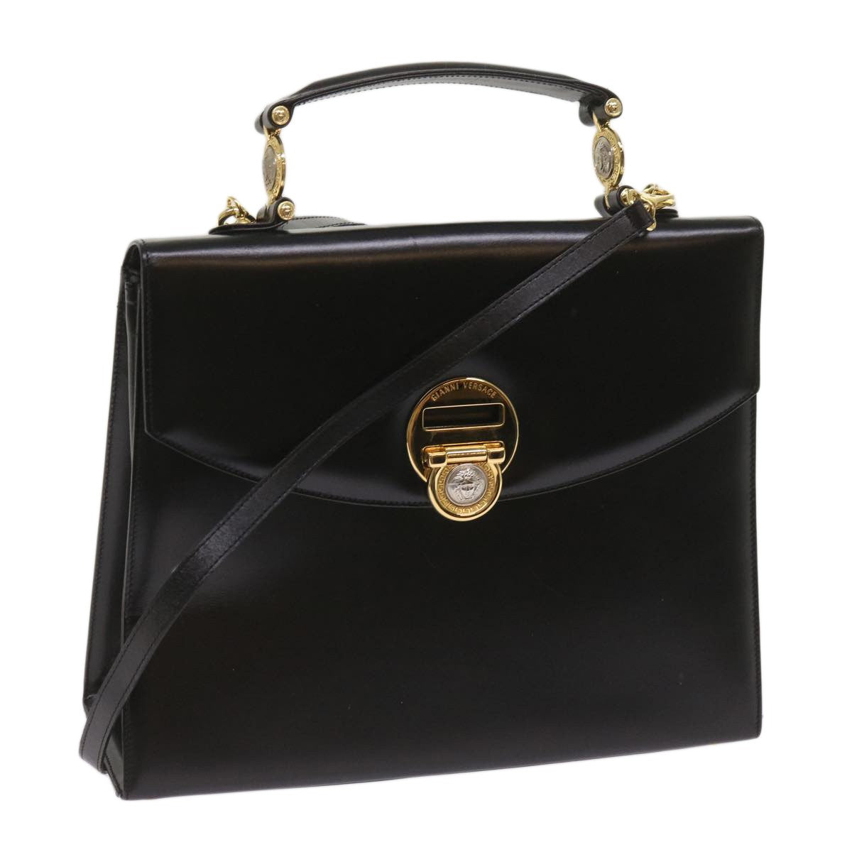 Versace Vintage Convertible Medusa Top Handle Bag Leather, BLACK, LEATHER, Handbag