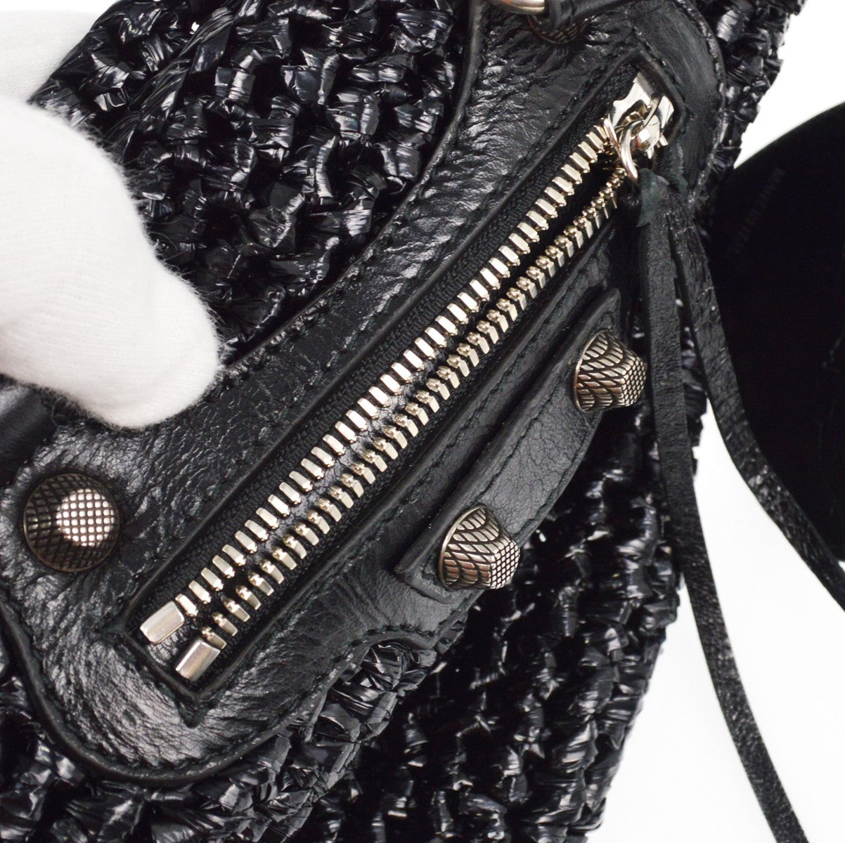 Balenciaga Le Cagole Panier Raffia with Leather, BLACK, LEATHER, Tote bag