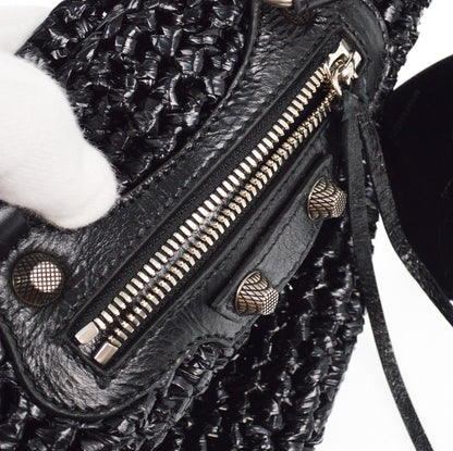 Balenciaga Le Cagole Panier Raffia with Leather, BLACK, LEATHER, Tote bag