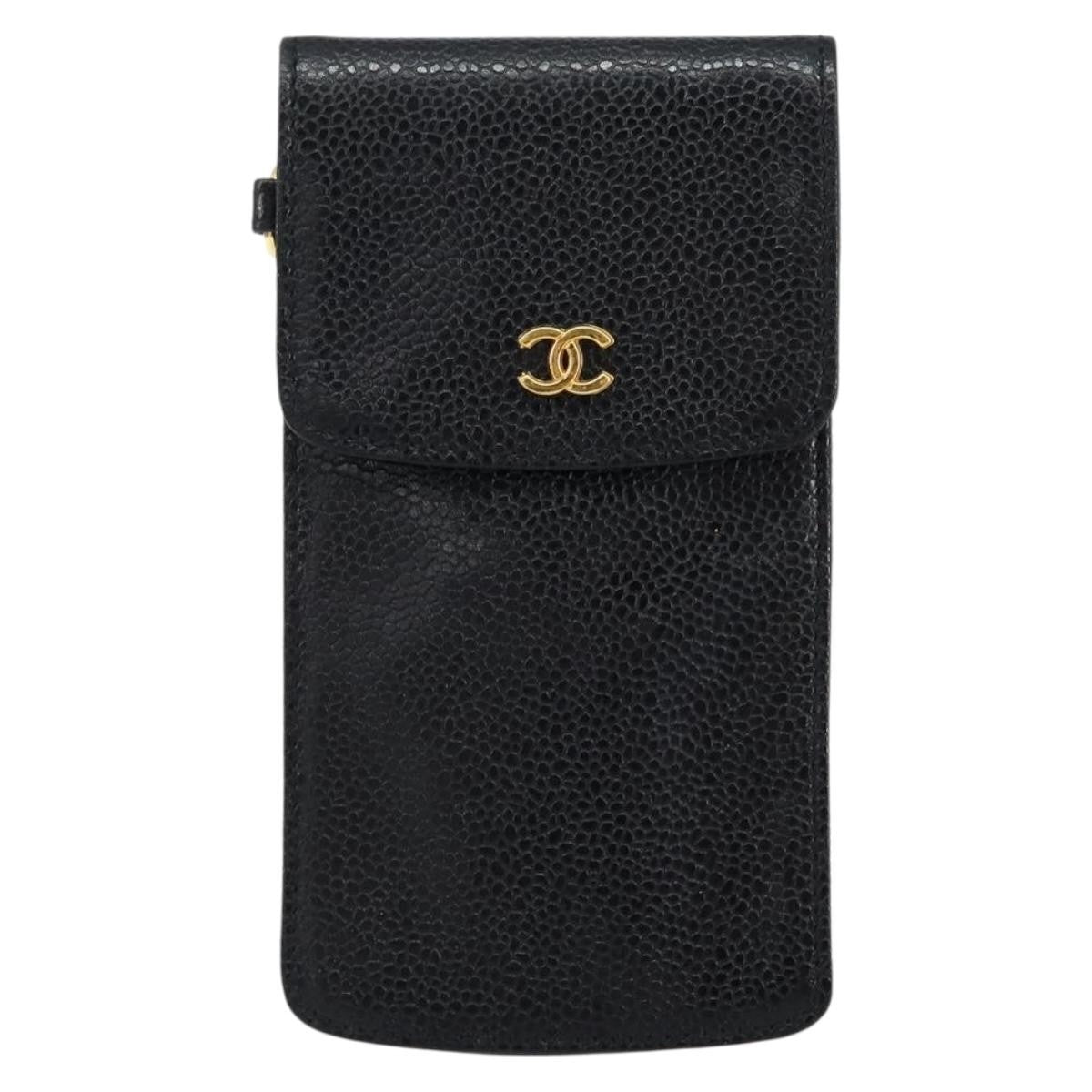 Chanel Vintage CC Phone Holder Crossbody Bag Caviar, BLACK, LEATHER, Clutche & pouche