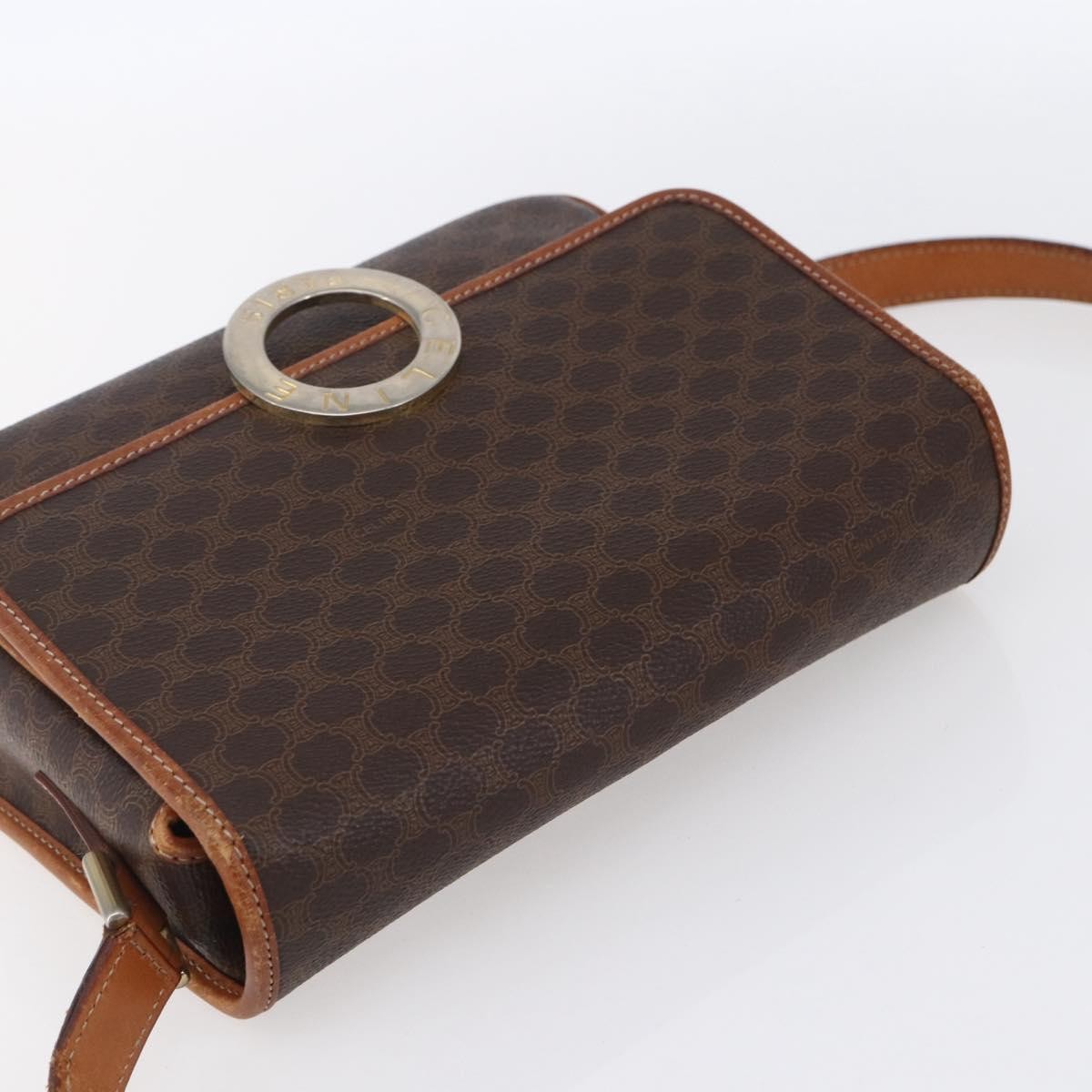 Celine Vintage Macadam Circle Logo Shoulder Bag Canvas and Leather, BROWN, CANVAS, Shoulder bag