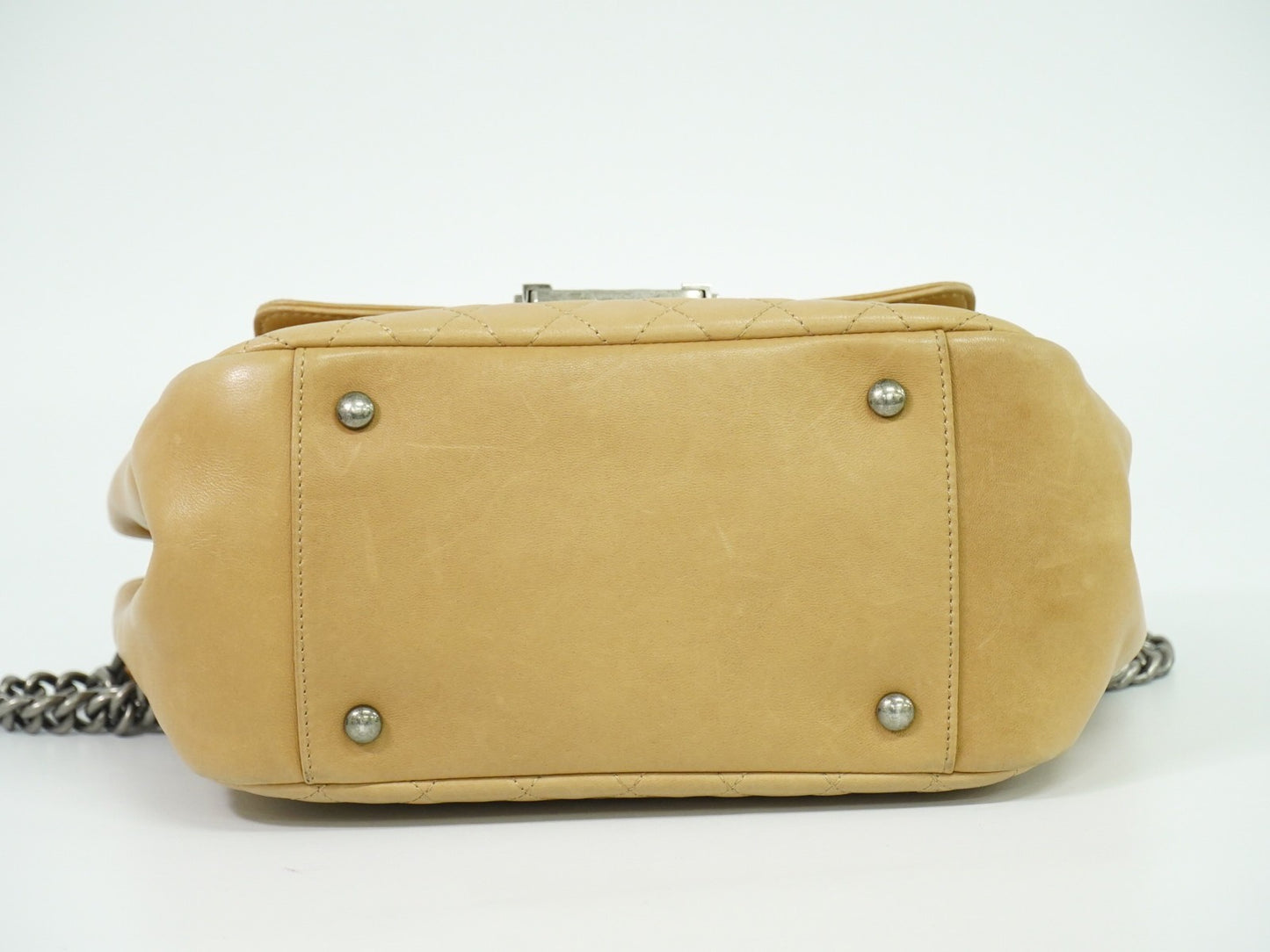 Chanel Boy Accordion Flap Bag Quilted Lambskin, BEIGE, LEATHER, Shoulder bag