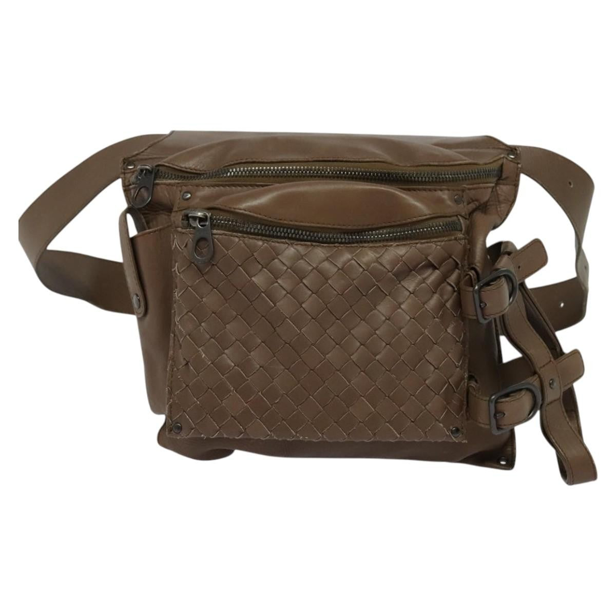 Bottega Veneta Zip Pocket Waist Bag Leather with Intrecciato, BROWN, LEATHER, Clutche & pouche