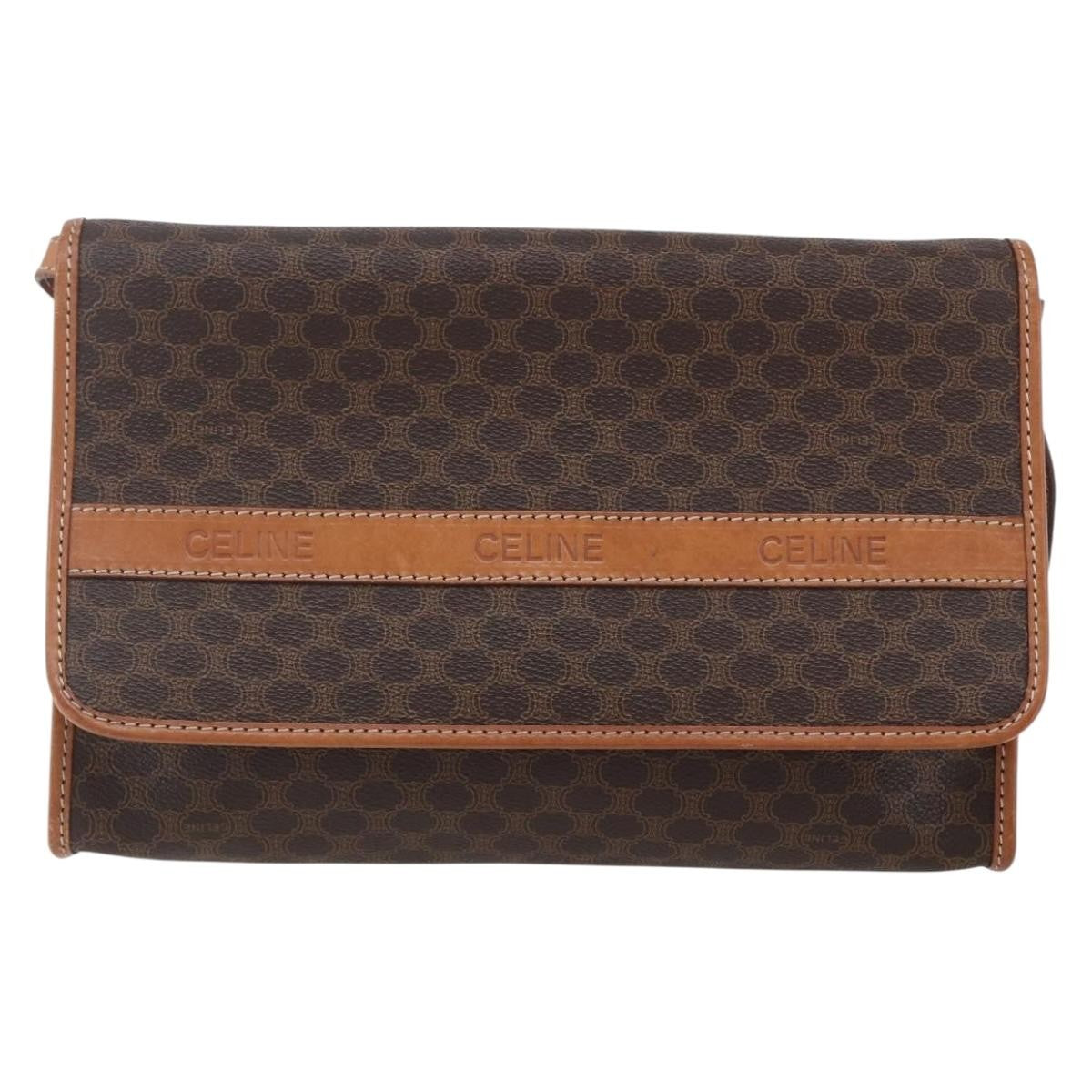 Celine Vintage Macadam Shoulder Bag Canvas and Leather, BROWN, PVC, Shoulder bag