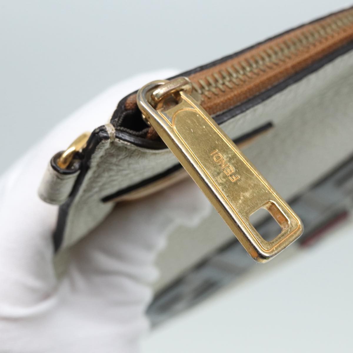 Fendi Mania Logo Zip Pouch Inlaid Leather, BEIGE, LEATHER, Clutche & pouche