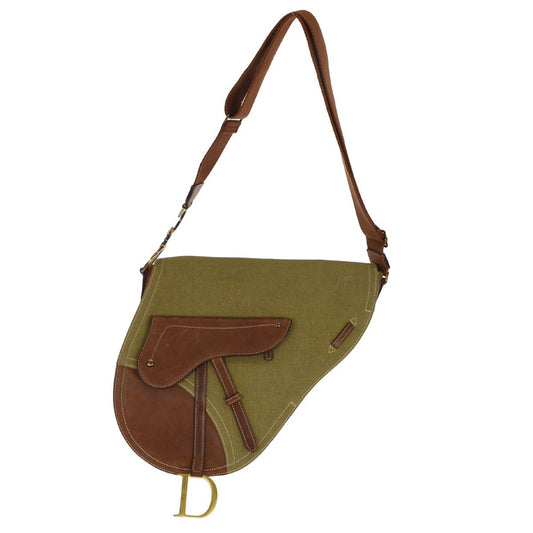 Christian Dior Vintage Saddle Messenger Bag Canvas and Leather, KHAKI, CANVAS, Shoulder bag