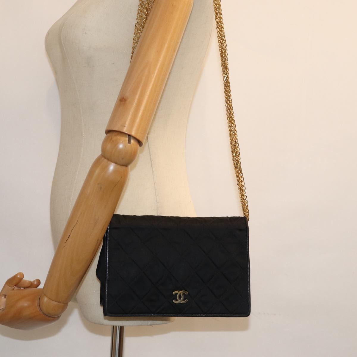 Chanel Vintage Full Flap Shoulder Bag Quilted Satin, BLACK, SATIN, Shoulder bag