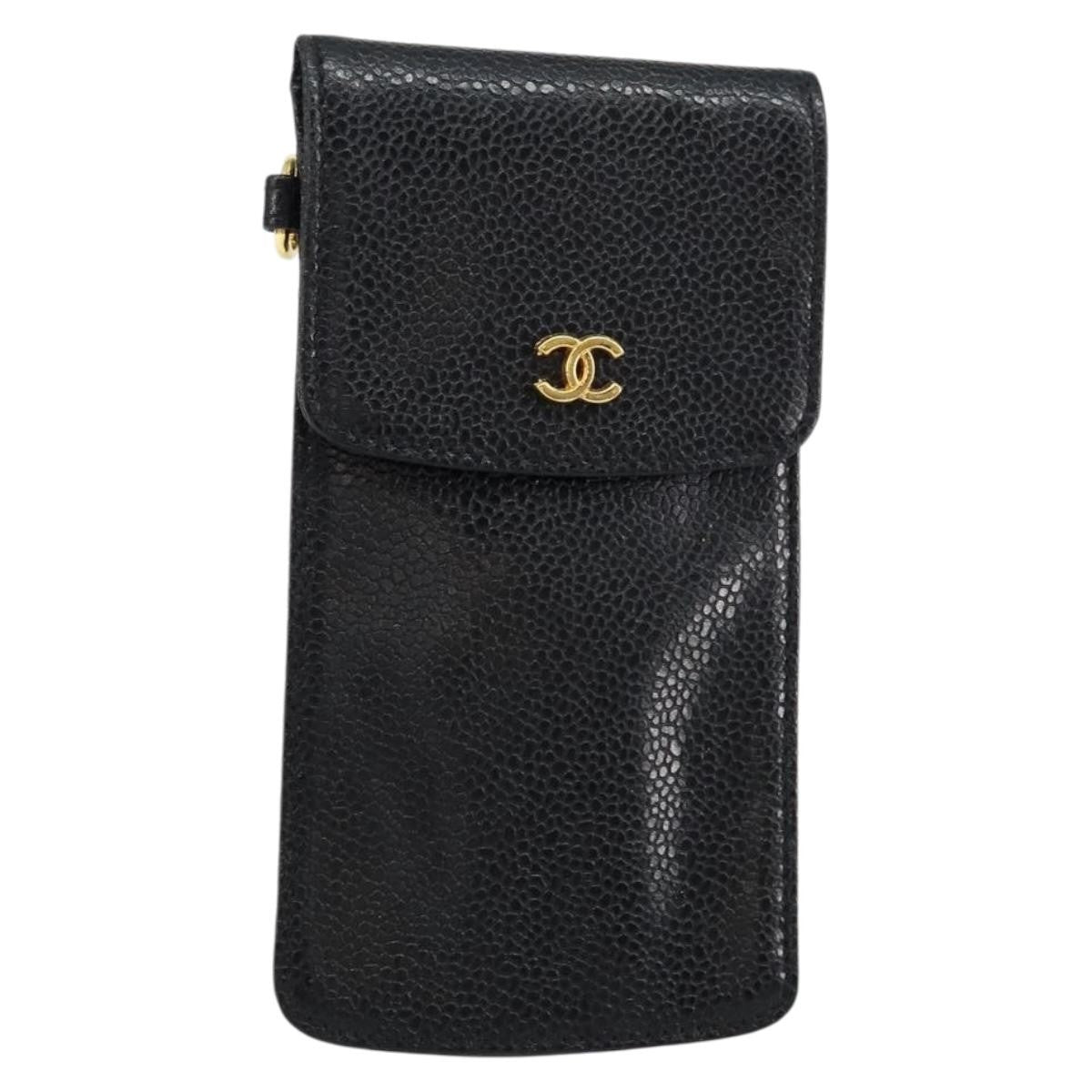 Chanel Vintage CC Phone Holder Crossbody Bag Caviar, BLACK, LEATHER, Clutche & pouche