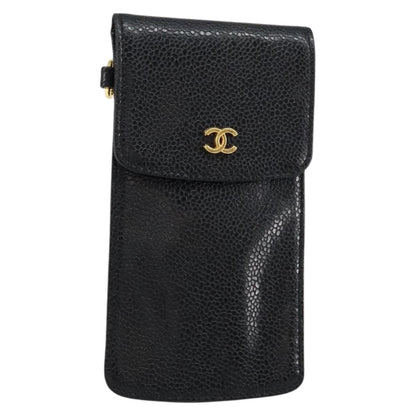 Chanel Vintage CC Phone Holder Crossbody Bag Caviar, BLACK, LEATHER, Clutche & pouche