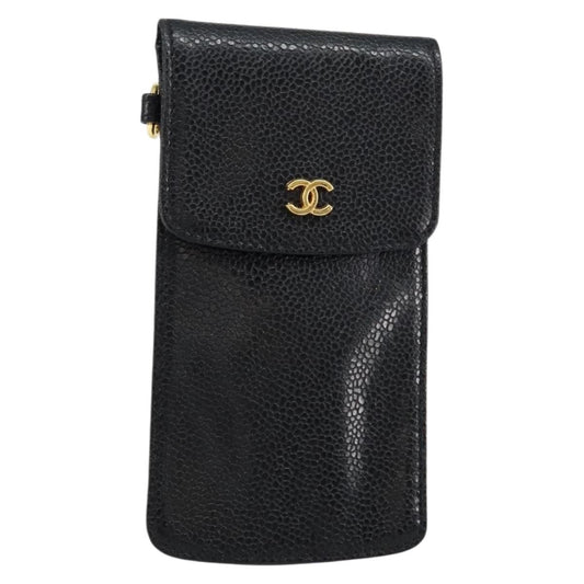 Chanel Vintage CC Phone Holder Crossbody Bag Caviar, BLACK, LEATHER, Clutche & pouche