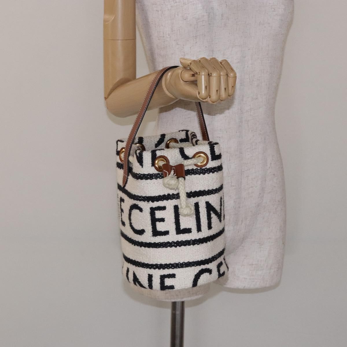 Celine Teen Drawstring Plein Soleil Bucket Bag Canvas with Leather, WHITE, CANVAS, Crossbody bag