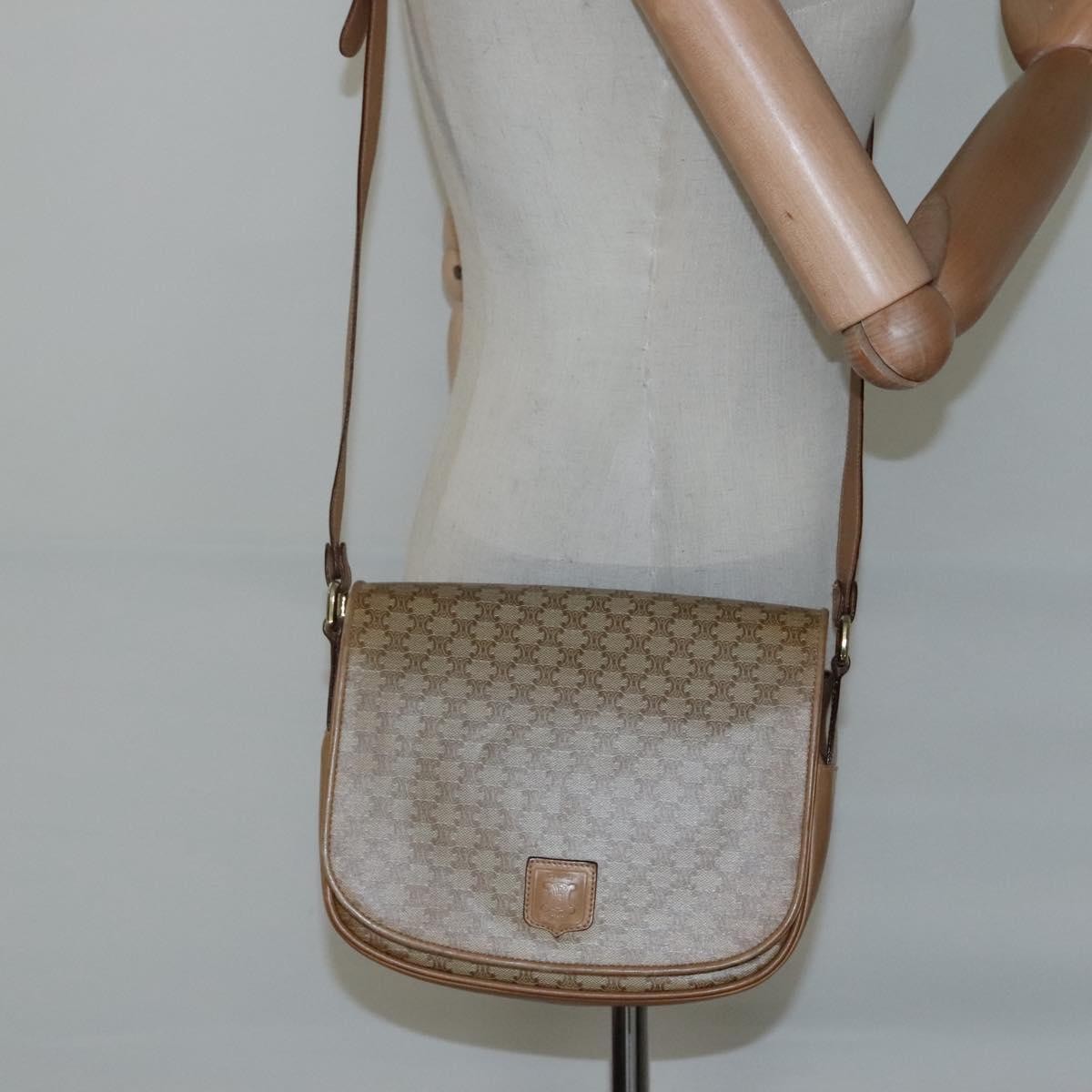 Celine Vintage Macadam Shoulder Bag Canvas and Leather, BEIGE, CANVAS, Shoulder bag