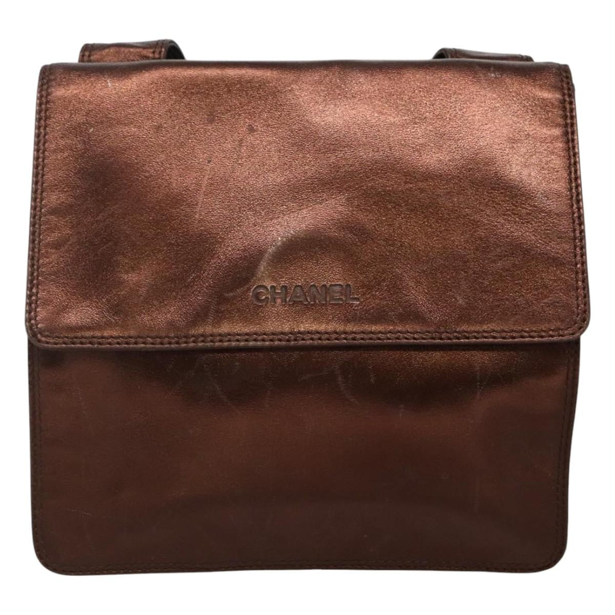 Chanel Vintage Logo Flap Messenger Bag Leather, BROWN, LEATHER, Shoulder bag