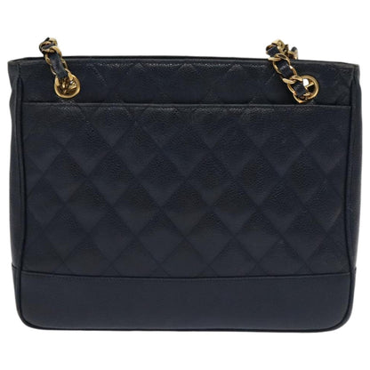 Chanel Vintage Stitched CC Shoulder Bag Caviar, NAVY, LEATHER, Shoulder bag