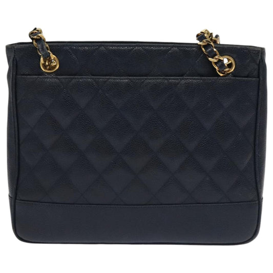 Chanel Vintage Stitched CC Shoulder Bag Caviar, NAVY, LEATHER, Shoulder bag