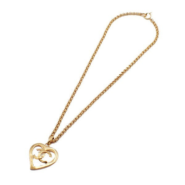 Chanel Vintage CC Heart Pendant Long Necklace Metal, Gold, Gold Plated, Necklace